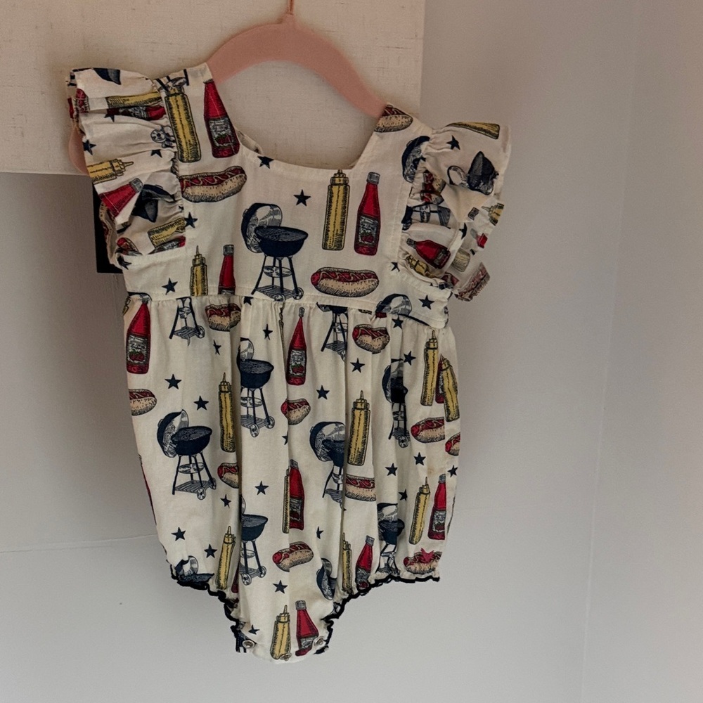 Pink Chicken Cream One-Piece Bodysuit with Red and Navy Novelty Print